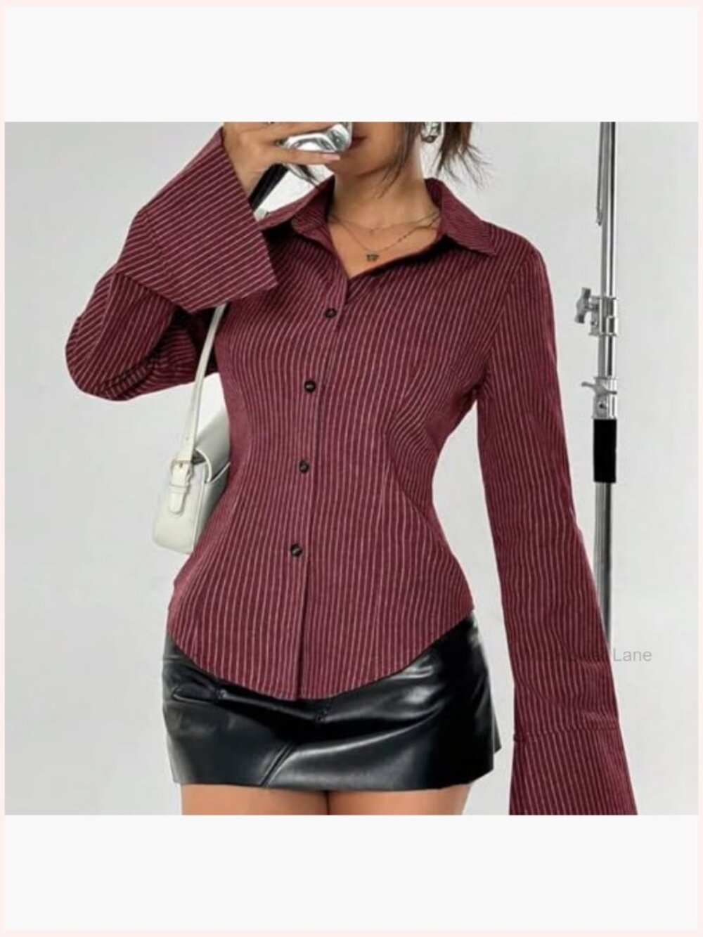 Striped Long Sleeve Button Down Shirt Fitted Collared Blouse Office Work Top - Picture 2 of 7